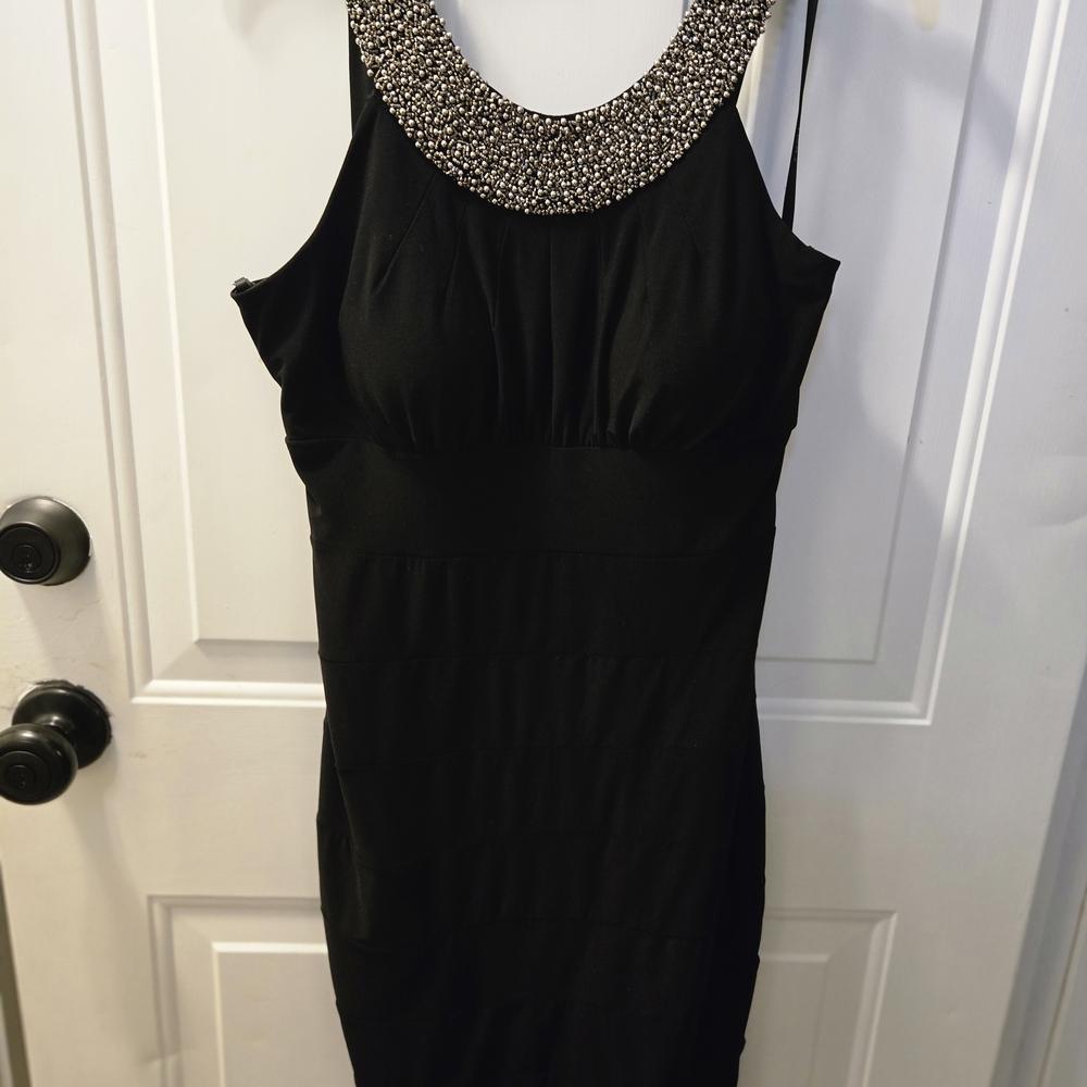 Cachet Black Backless Dress with Embellished Neckline
